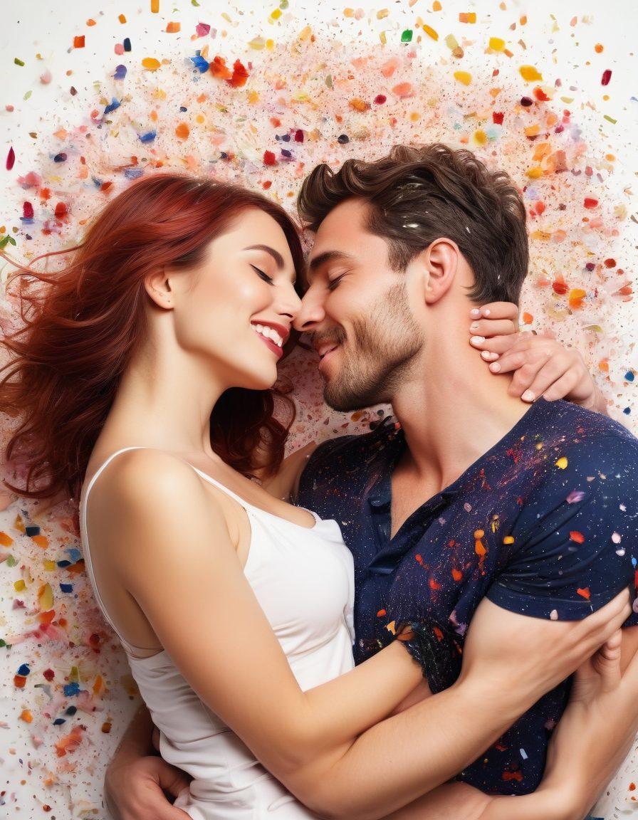 A vibrant and colorful collage of joyful adult entertainment scenes, featuring diverse couples in playful and intimate moments, surrounded by elements representing ecstasy like confetti, flowers, and soft candles. The background should convey a warm and inviting atmosphere, hinting at celebration and pleasure. Include subtle abstract designs that evoke a sense of bliss and adventure. super-realistic. vibrant colors. white background.