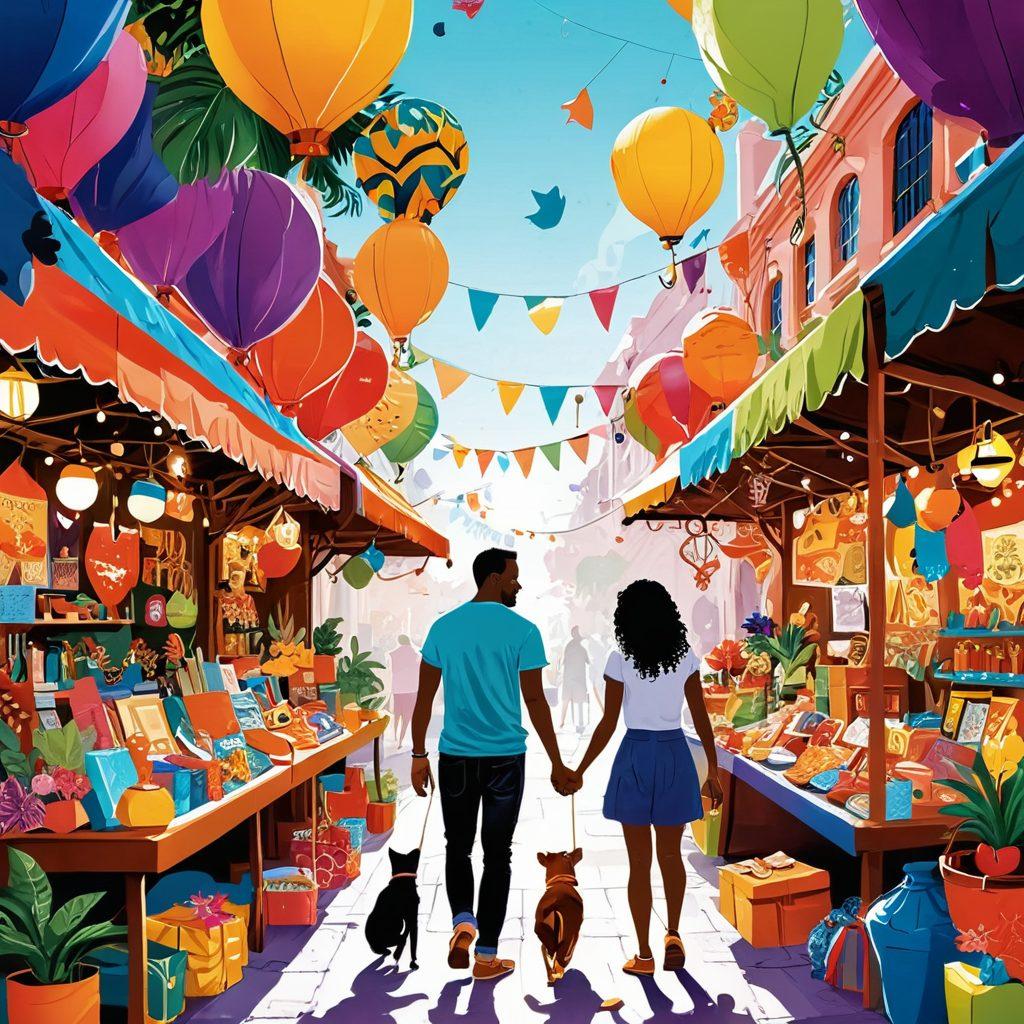 A vibrant and playful illustration of a diverse couple exploring a whimsical adult-themed marketplace, surrounded by colorful and inviting stalls showcasing exotic toys and games. The scene is filled with laughter, creativity, and an array of unique items that promote joy and intimacy. Bright, cheerful colors fill the background, with elements of fantasy adding a sense of adventure and discovery. super-realistic. vibrant colors. whimsical style.