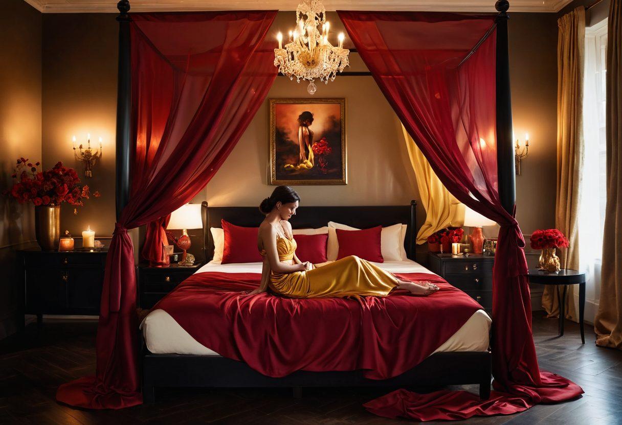 A lush, romantic setting with a softly lit room, adorned with deep reds and golds, showcasing an array of sensual items such as silk sheets and candles. Silhouetted couples in intimate poses, exuding connection and passion, surrounding a central floral arrangement that symbolizes love and ecstasy. A dreamy, ethereal atmosphere, blending shadow and light. super-realistic. vibrant colors. soft focus.